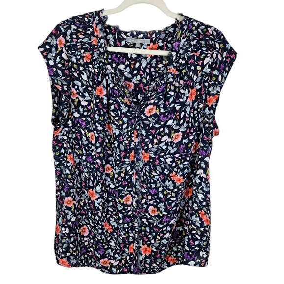 Danielrainn Navy Blue Spring Floral Split Neck Raw Hem Blouse Size 2XL - Picture 12 of 12